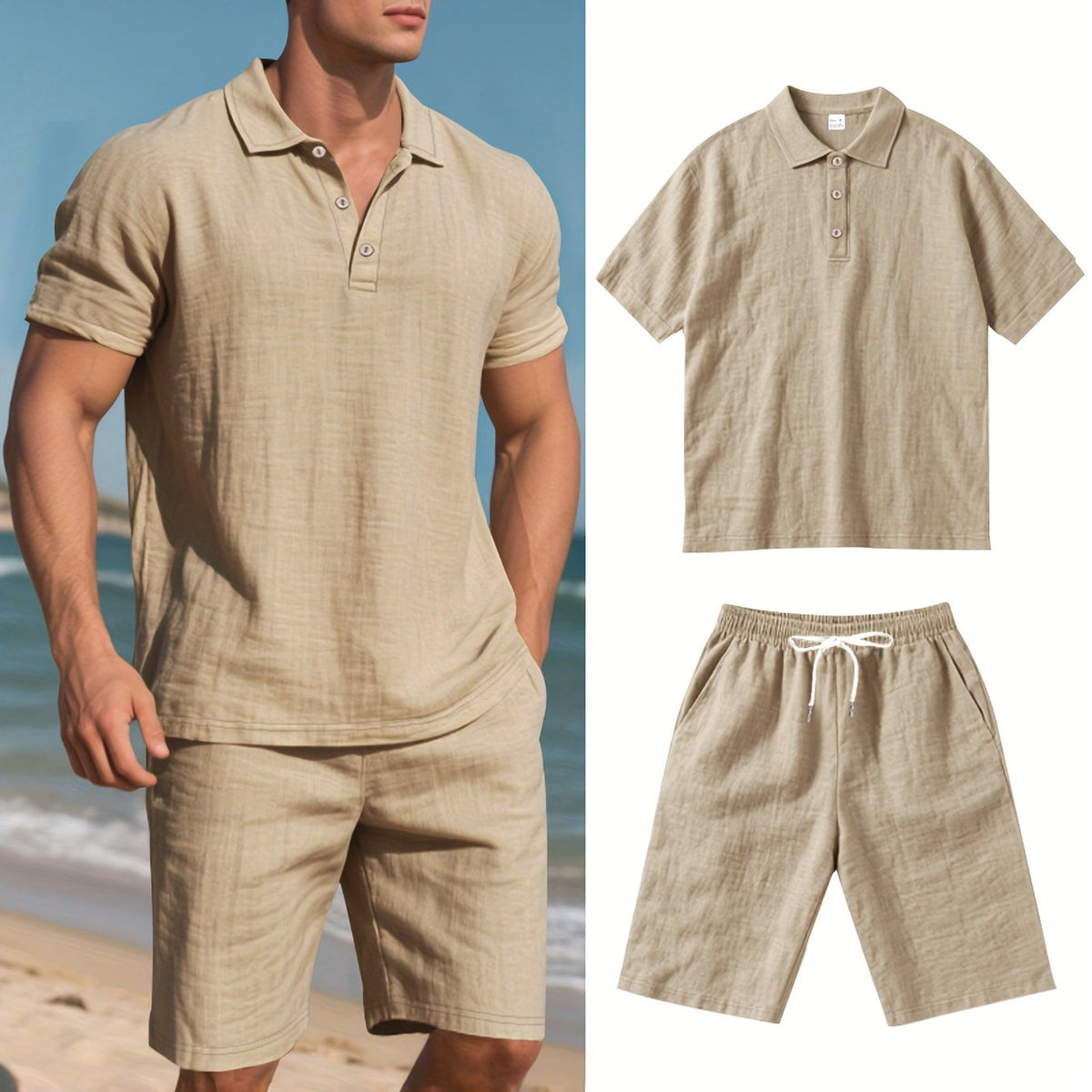 Herren-Set aus kurzärmligem Polohemd und Shorts aus Leinen, sommerliches Zweiteiler-Outfit, leicht und atmungsaktiv, Freizeitkleidung für warmes Wetter