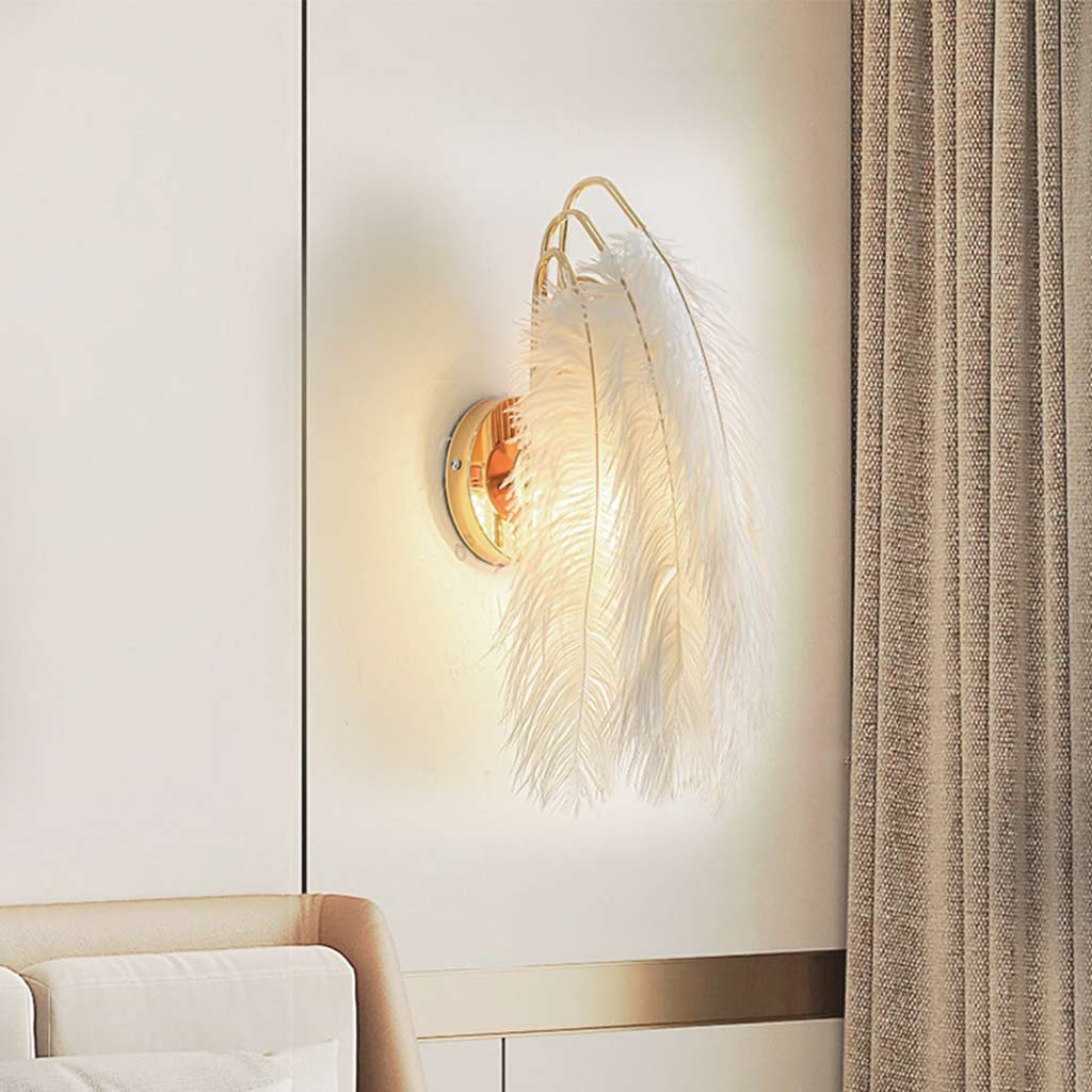 Feathered Sconce with Plume Shade for Bedroom Reading Nook Hallway Ambient Glow 9-Inch Iron Arm E26 Socket Adjustable Tone Options White Tex | Thomler