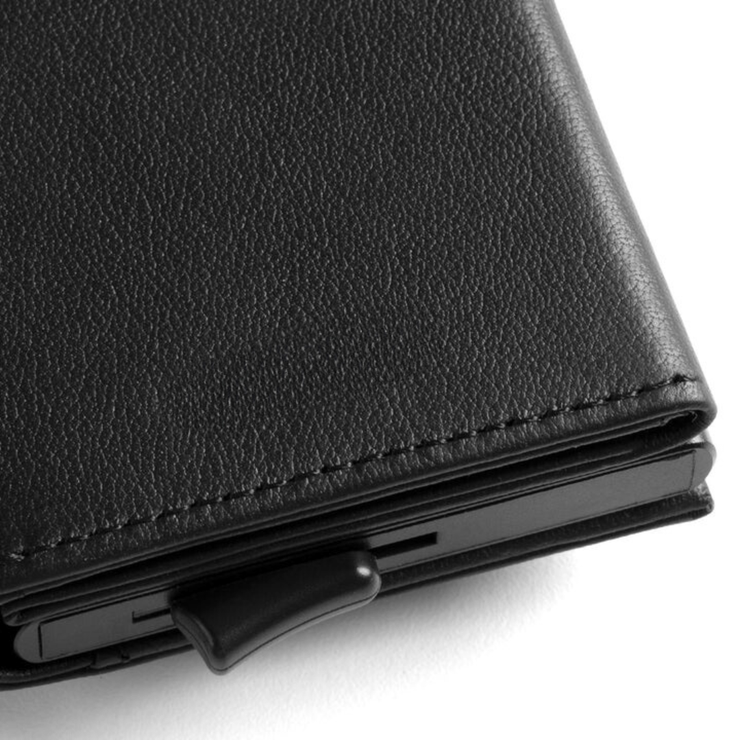 RFID-Blocking Leather Billfold with Pop-Up Card Holder 3.7 × 2.6 × 0.4 Inches Slim Aluminum Mechanism Travel Wallet Compact Front Pocket Org | Thomler