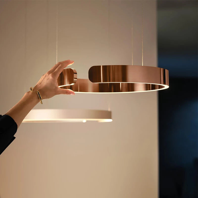 Runde LED-Deckenleuchte Aluminiumring 50 cm, höhenverstellbar für Kücheninsel, Essbereich, Foyer, moderne hängende Halo-Leuchte, Energieeffizient | Thomler
