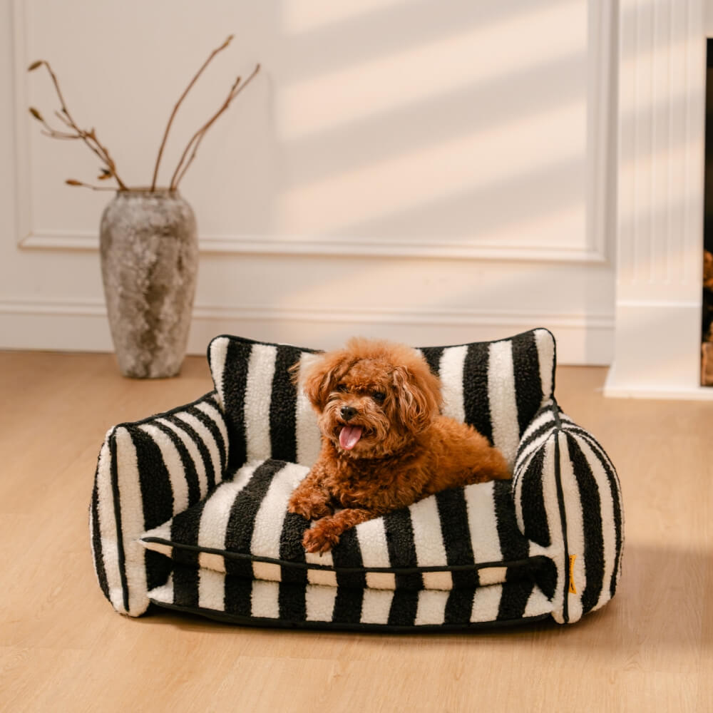 Plush Pet Couch with Washable Cover - Dual-Layer Cushioned Lounger for Dogs & Cats - Striped Fleece Nap Spot