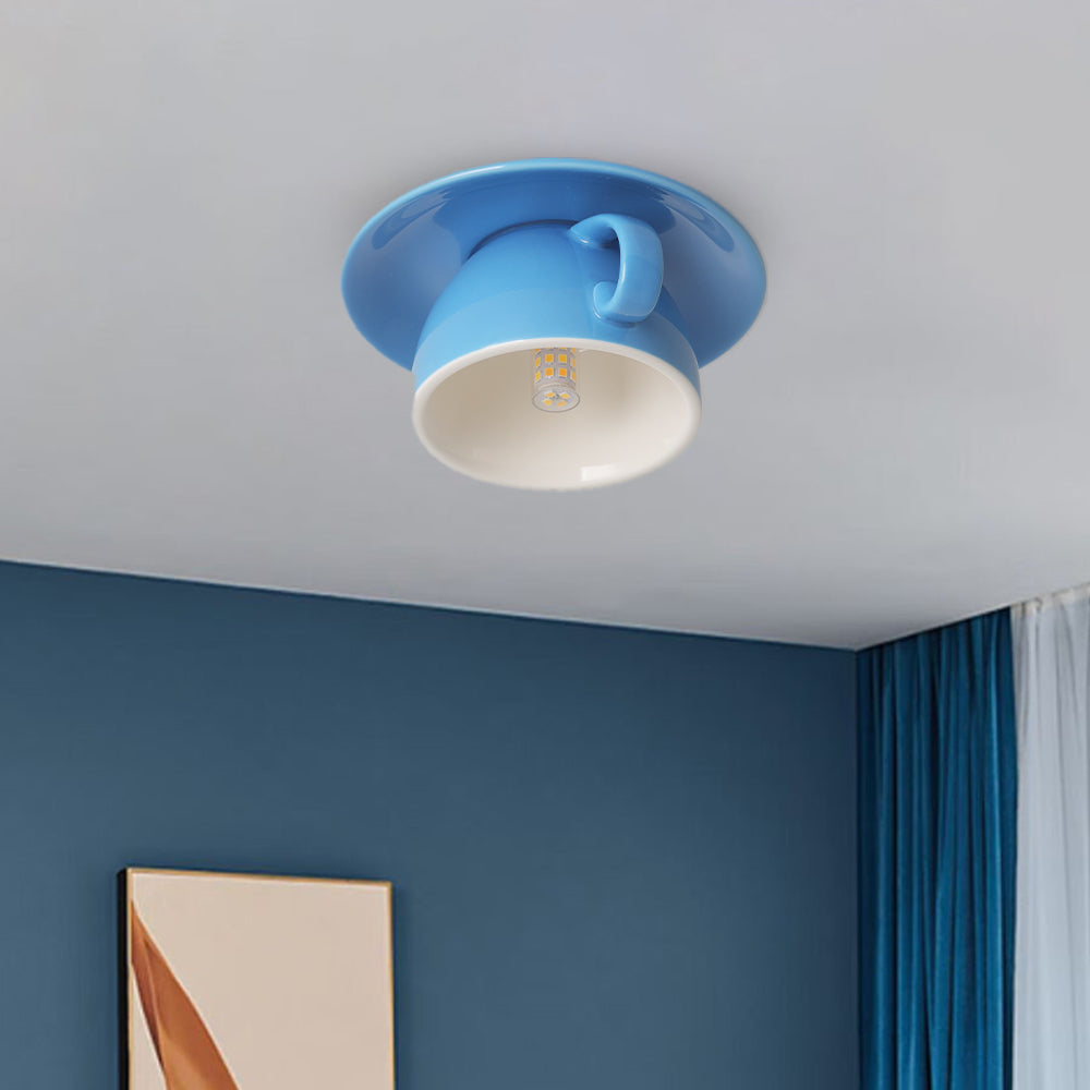 Ceramic Coffee Cup Flush Mount Light for Bedroom Living Room Kitchen Modern Decorative LED Fixture 110V Hardwired Compact Playful Design Amb | Thomler