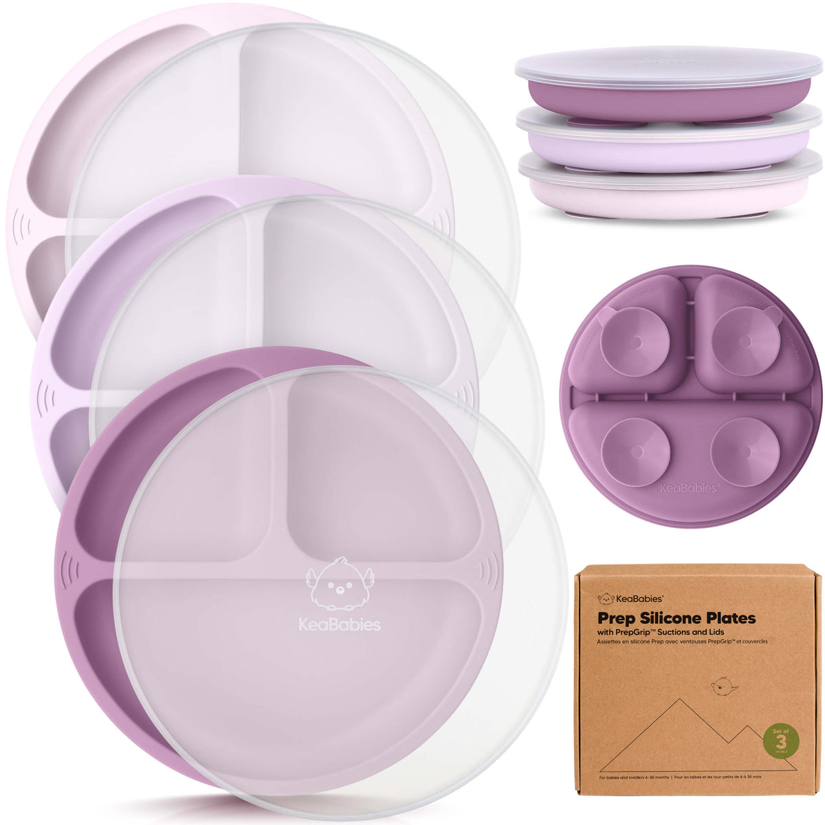 3-Pack Baby Silicone Suction Plates with Lids