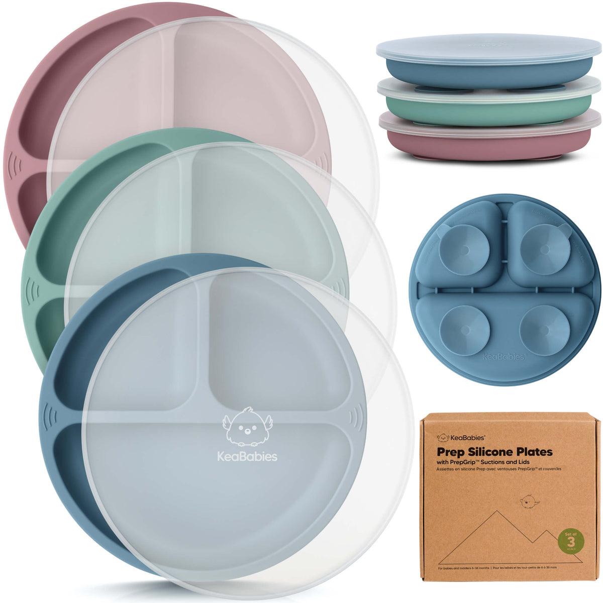 3-Pack Baby Silicone Suction Plates with Lids