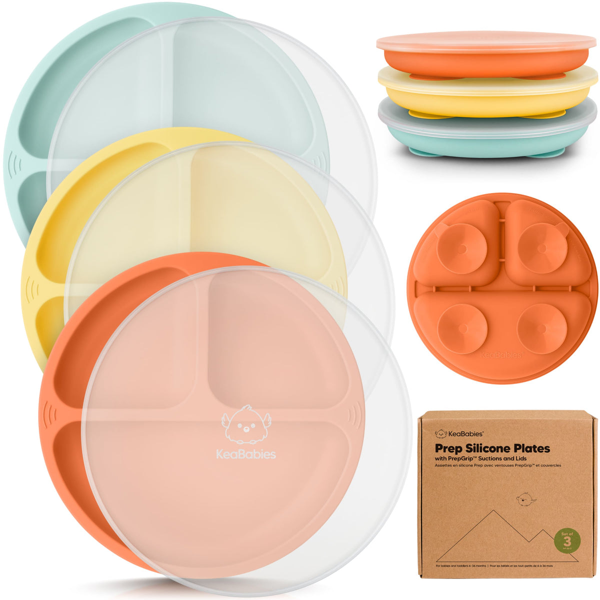 3-Pack Baby Silicone Suction Plates with Lids
