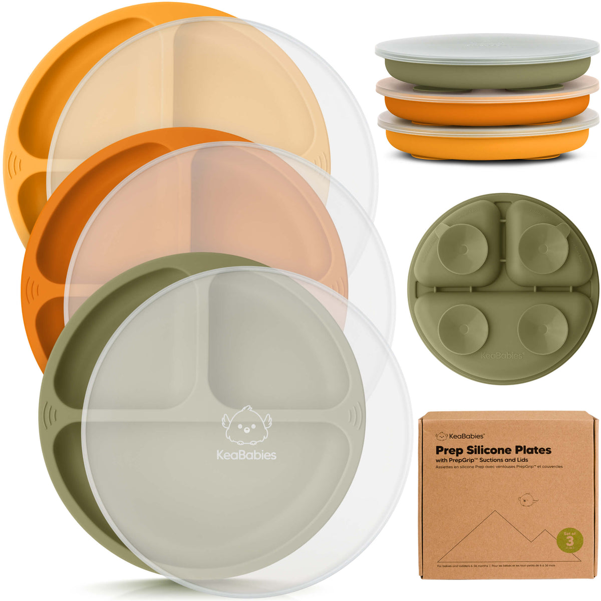 3-Pack Baby Silicone Suction Plates with Lids