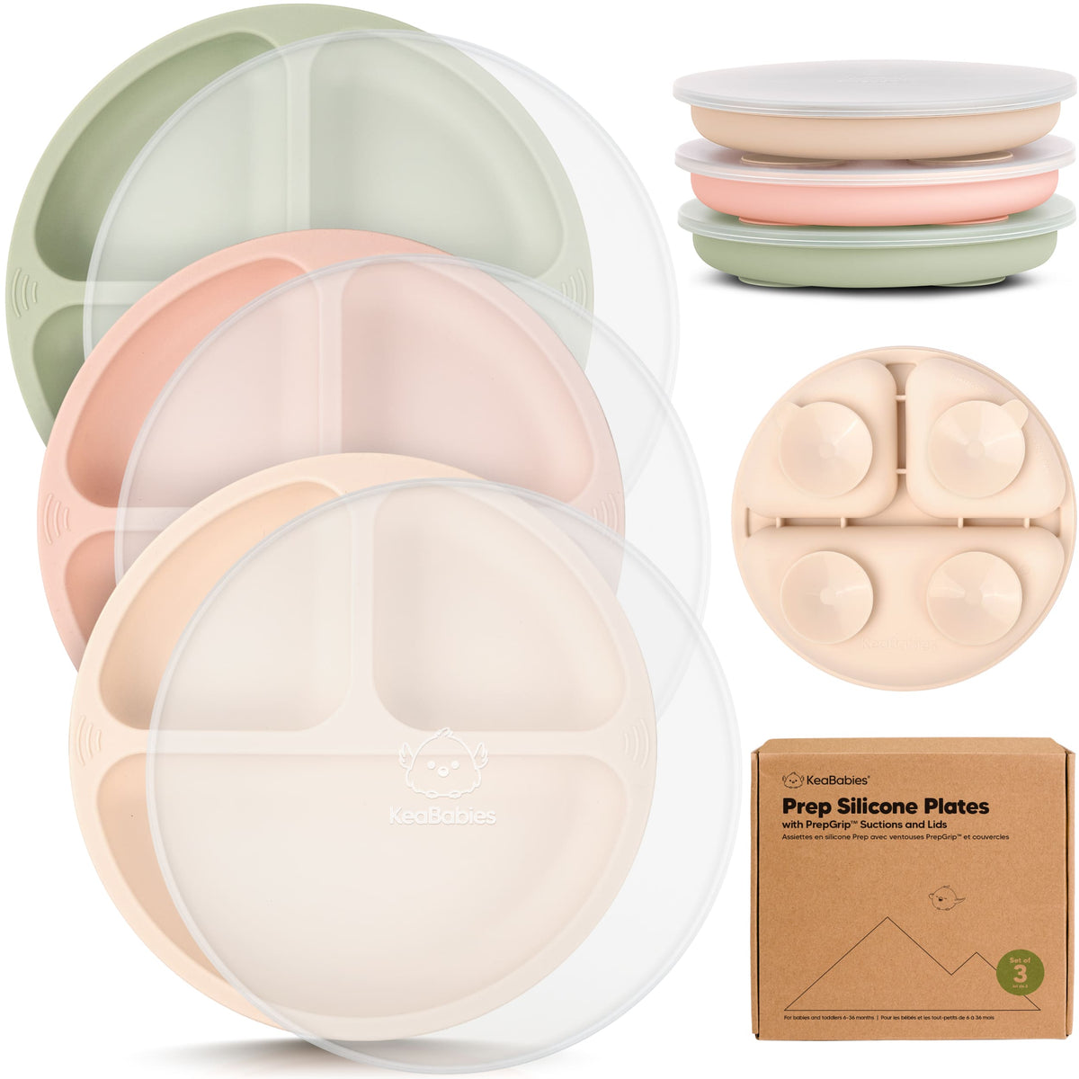 3-Pack Baby Silicone Suction Plates with Lids