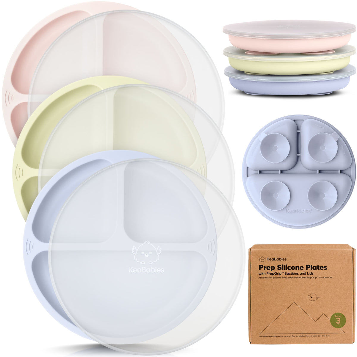 3-Pack Baby Silicone Suction Plates with Lids