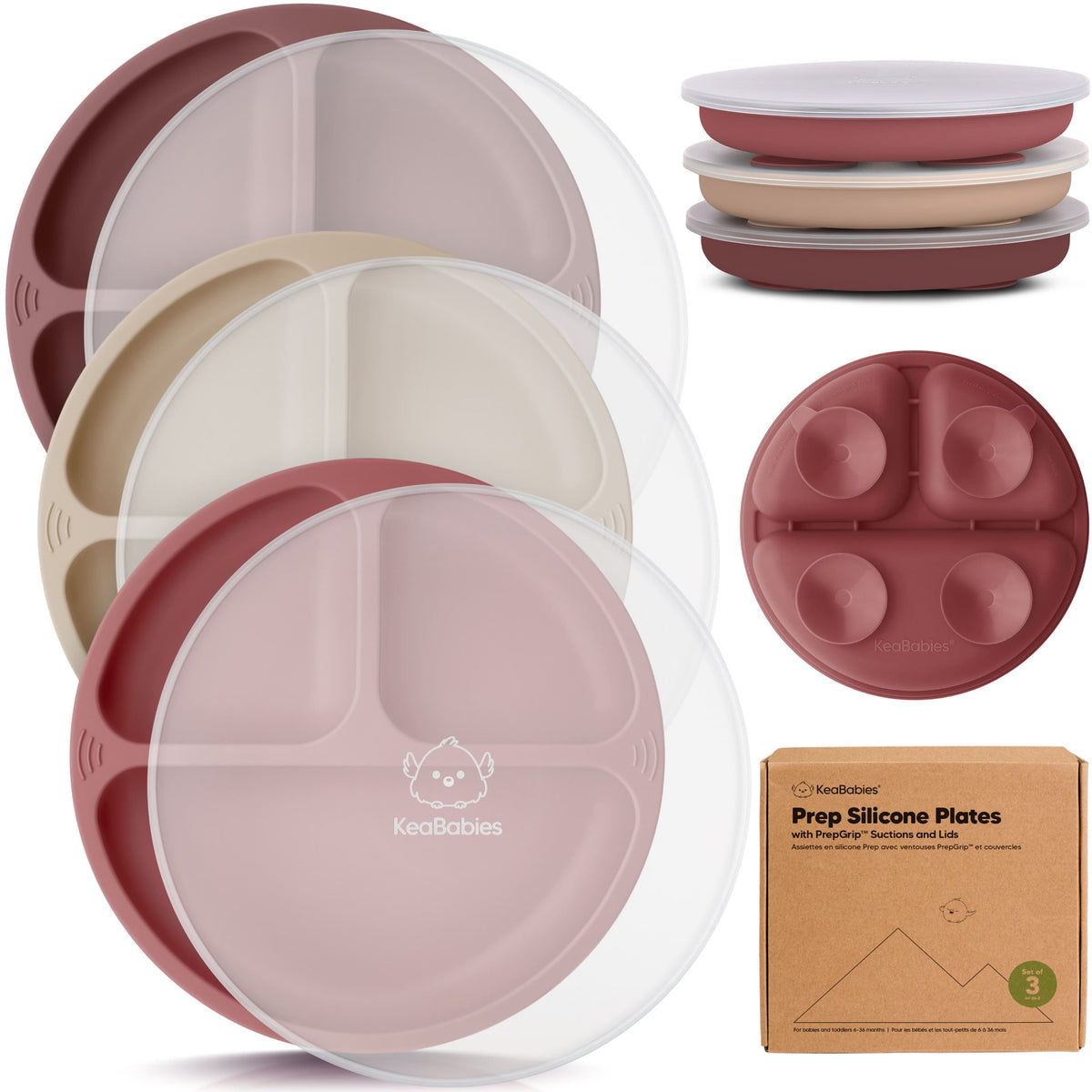 3-Pack Baby Silicone Suction Plates with Lids