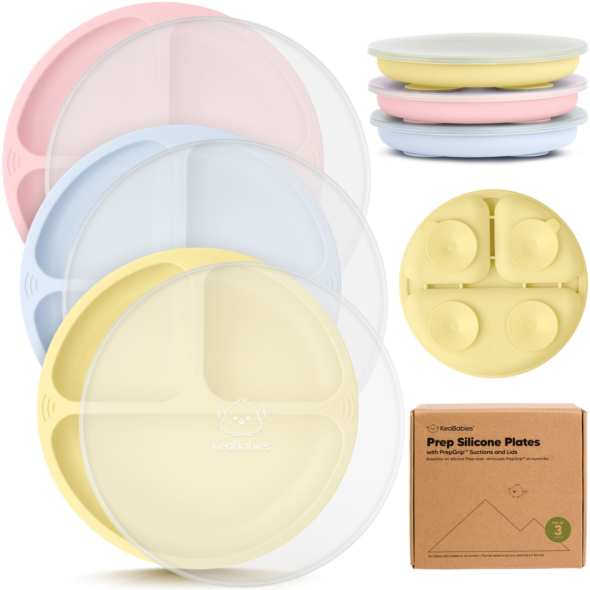 3-Pack Baby Silicone Suction Plates with Lids