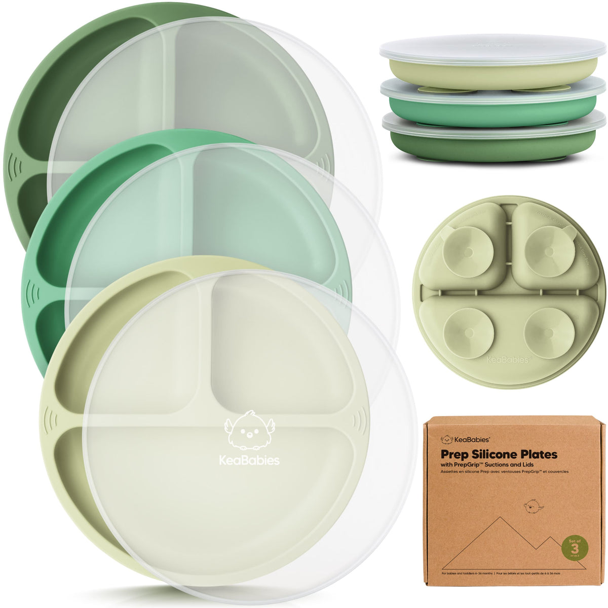 3-Pack Baby Silicone Suction Plates with Lids