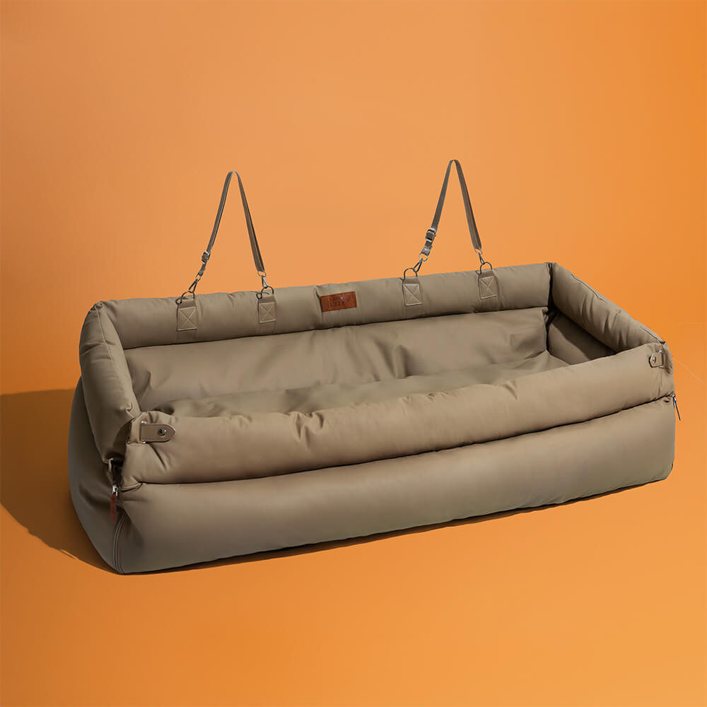 Elevated Pet Car Seat with Cushioned Bolsters for Medium to Large Dogs – Faux Leather Travel Booster Bed for SUVs & Sedans