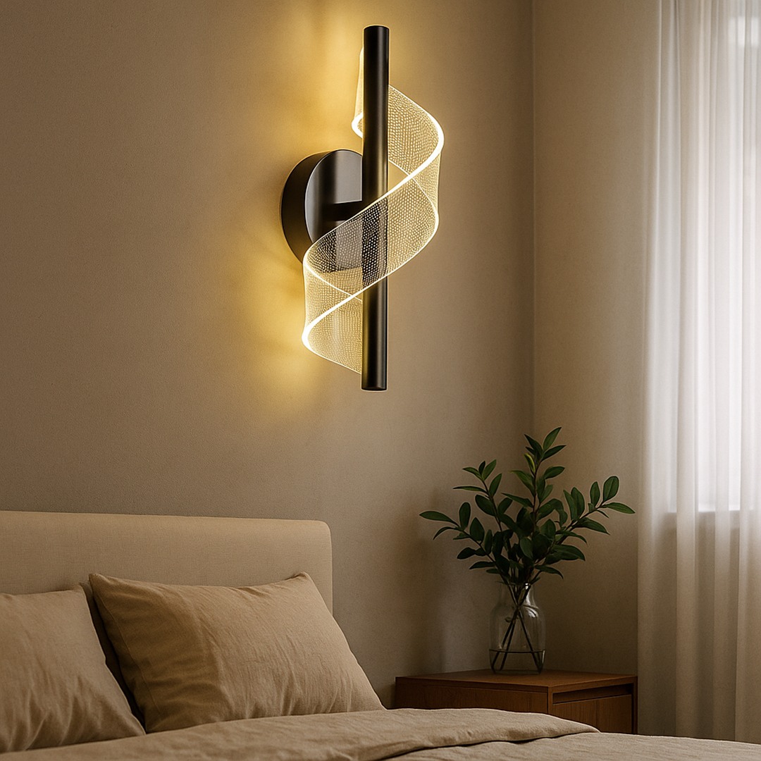 Skulpturale LED-Wandleuchte, schwarzes Metall & Acryl, Spiral-Design für Schlafzimmer, Flur, Leseecke, moderne Ambient-Beleuchtung, 30 cm Wandmontage | Thomler