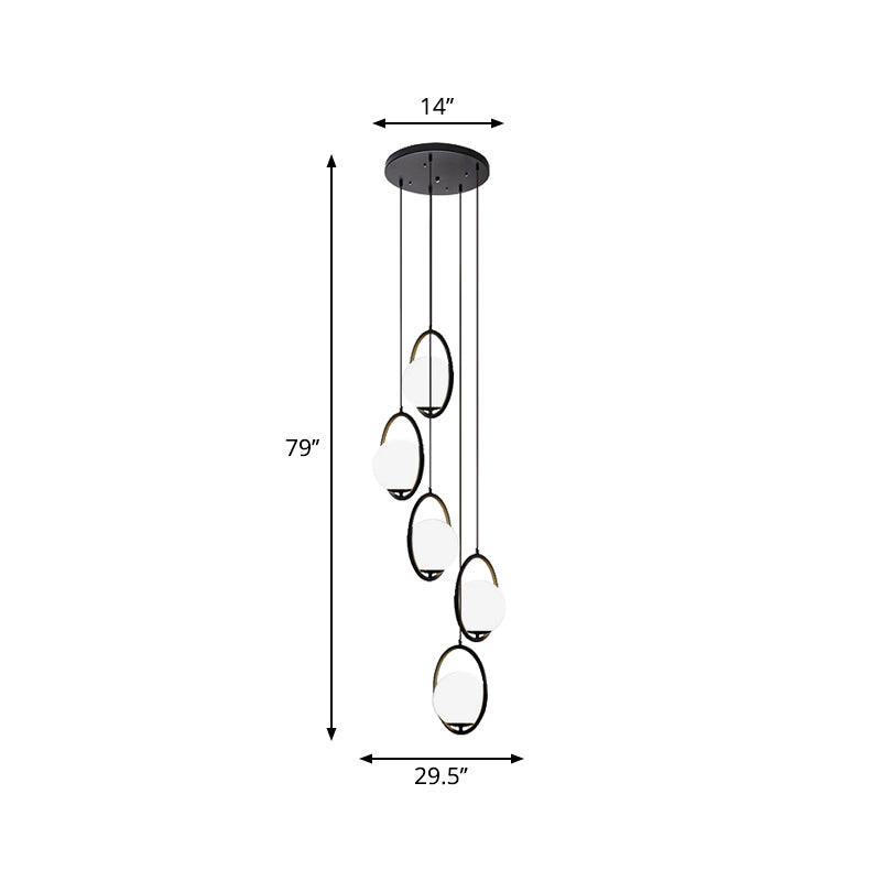 Multi-Globe Glass Pendant Chandelier – Modern Stairwell Lighting Fixture, Black Metal Frame, 5-6 Lights for Entryway Living Room Dining