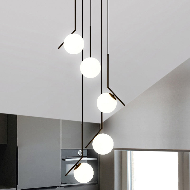 Multi-Globe Glass Pendant Chandelier – Modern Stairwell Lighting Fixture, Black Metal Frame, 5-6 Lights for Entryway Living Room Dining