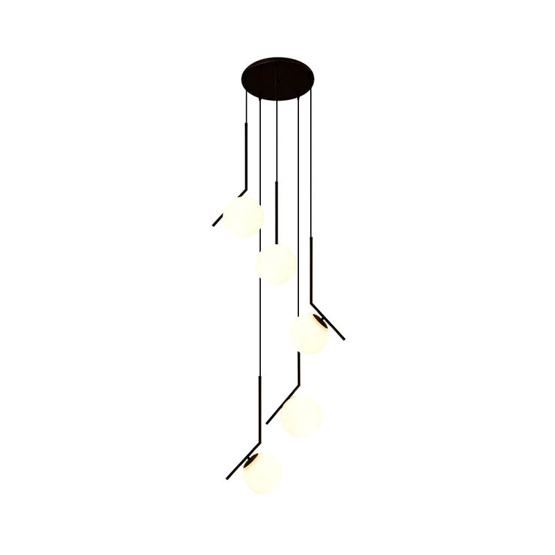 Multi-Globe Glass Pendant Chandelier – Modern Stairwell Lighting Fixture, Black Metal Frame, 5-6 Lights for Entryway Living Room Dining