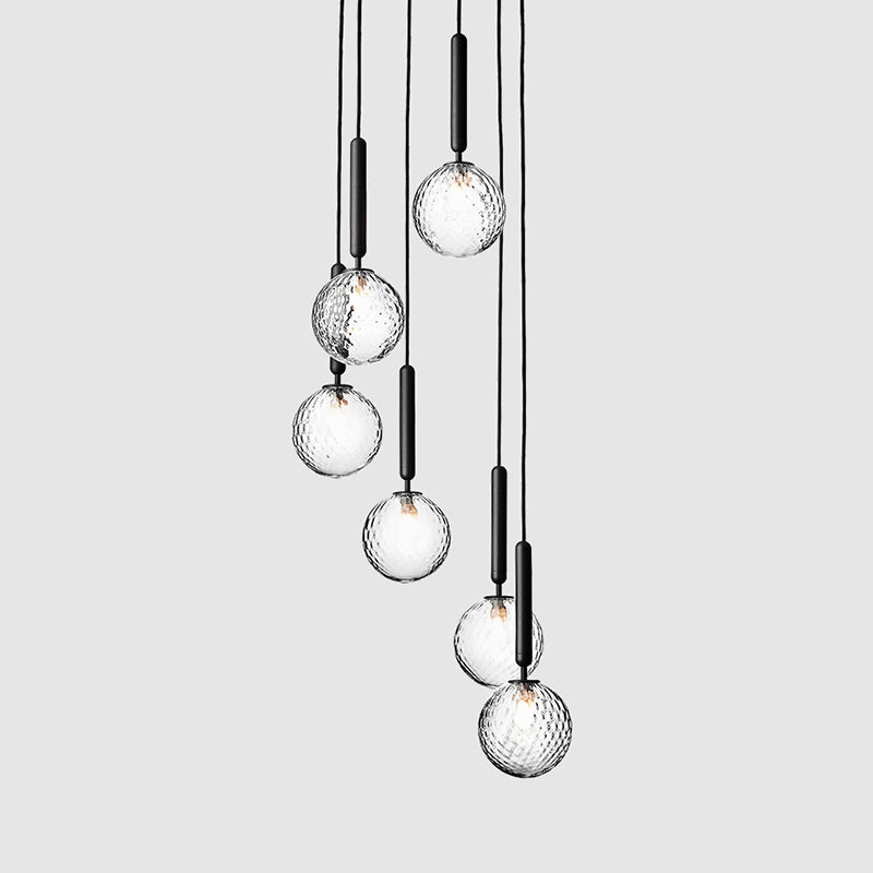Multi-Globe Glass Pendant Chandelier – Modern Stairwell Lighting Fixture, Black Metal Frame, 5-6 Lights for Entryway Living Room Dining