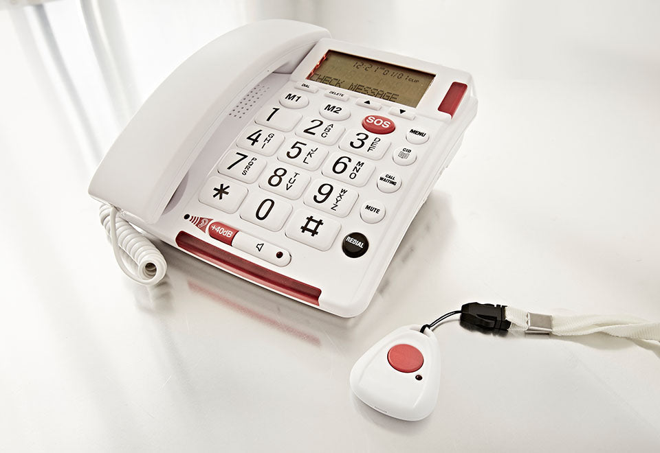 First Alert telefoon met grote toetsen en noodhalsketting