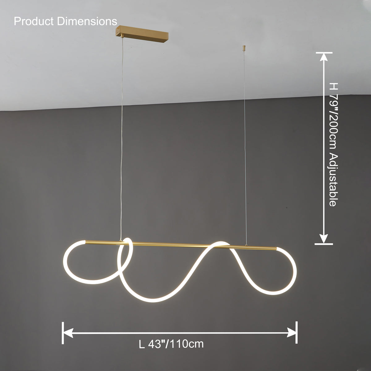 Lineare LED-Insel-Pendelleuchte mit Silikon-Wellen-Design, 43 Zoll, Messing, höhenverstellbar, dimmbar, moderne Küchen-Hängeleuchte für den Esstisch | Thomler