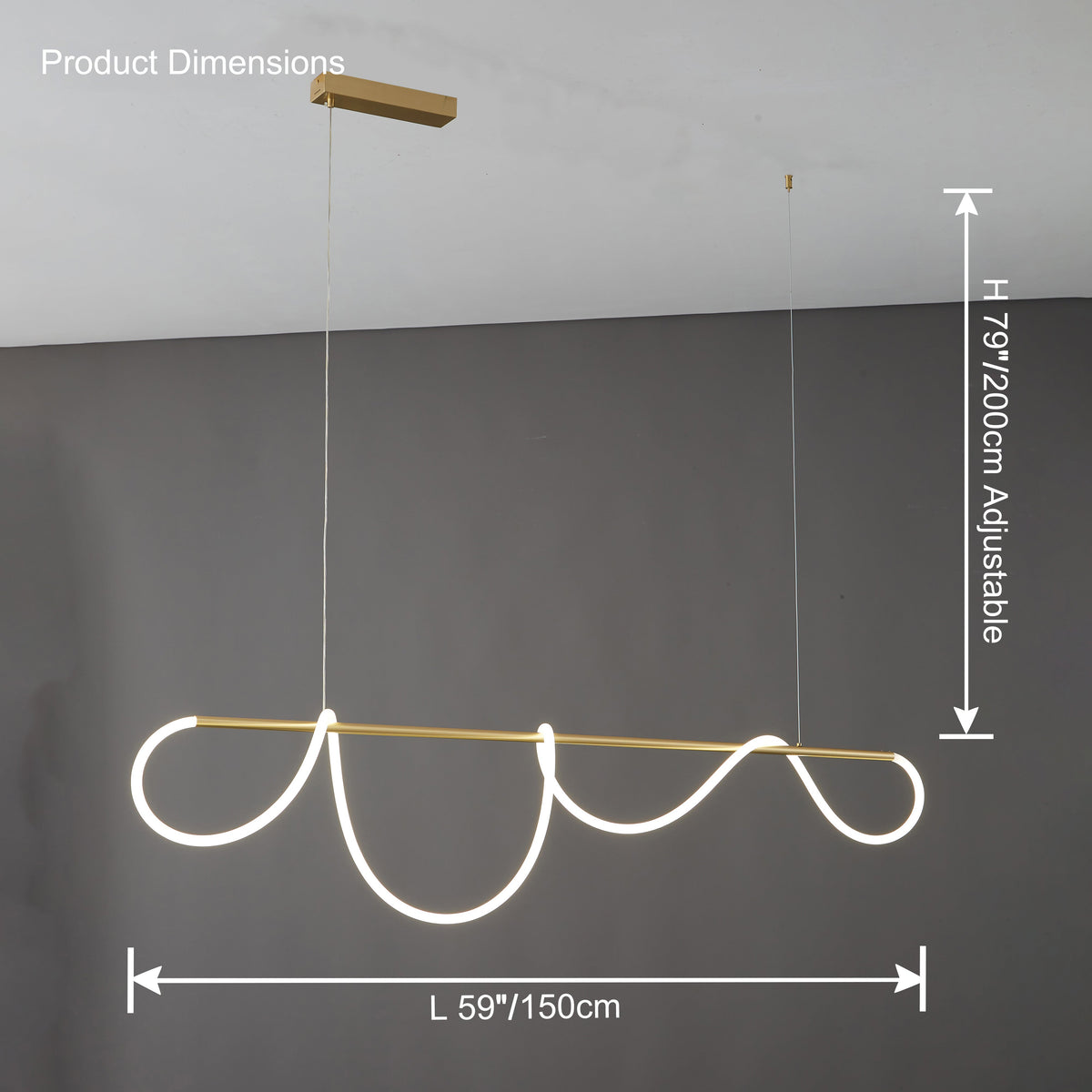 Lineare LED-Insel-Pendelleuchte mit Silikon-Wellen-Design, 43 Zoll, Messing, höhenverstellbar, dimmbar, moderne Küchen-Hängeleuchte für den Esstisch | Thomler