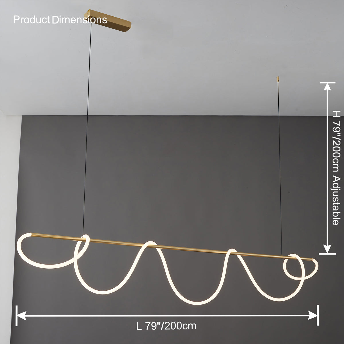 Lineare LED-Insel-Pendelleuchte mit Silikon-Wellen-Design, 43 Zoll, Messing, höhenverstellbar, dimmbar, moderne Küchen-Hängeleuchte für den Esstisch | Thomler