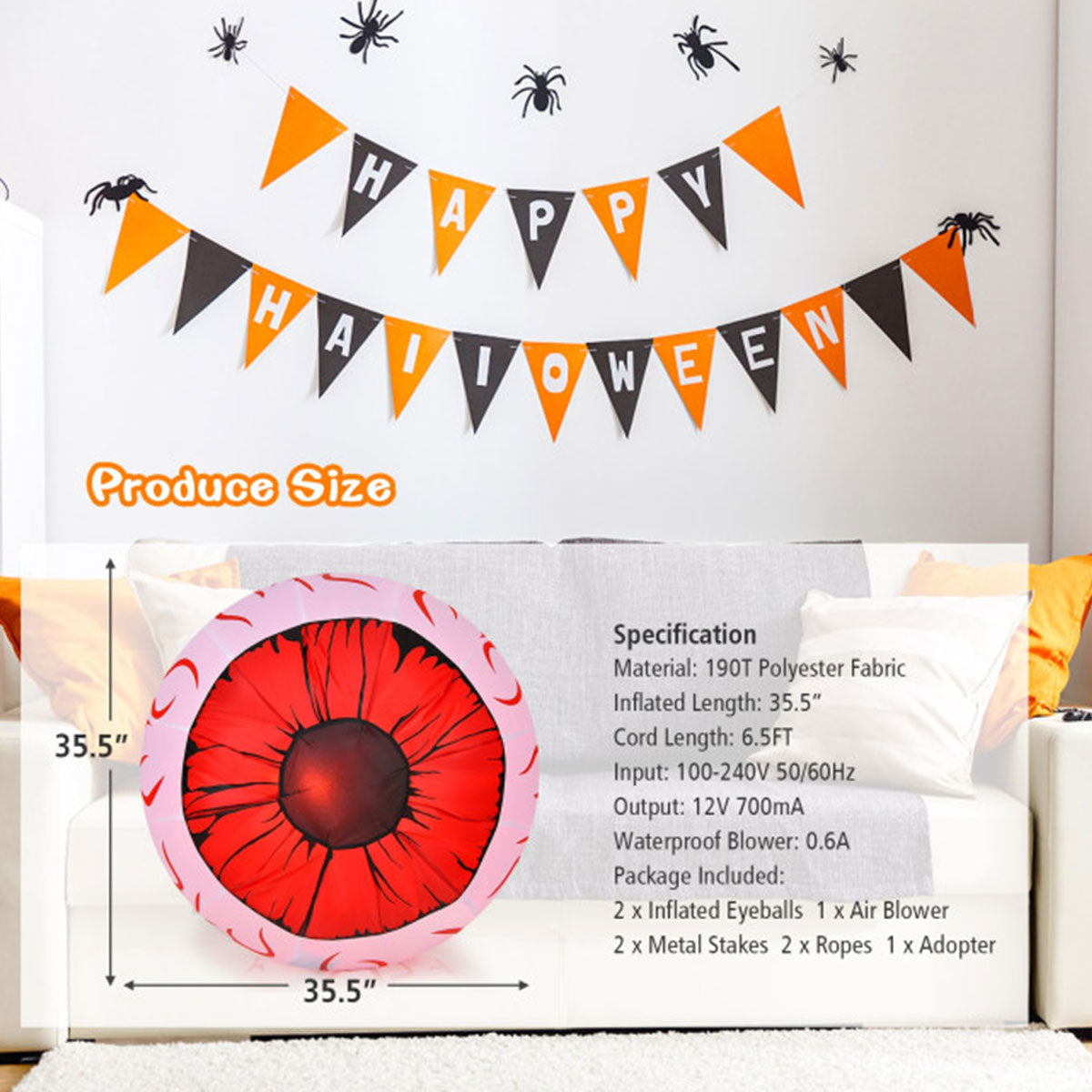 Opblaasbare Halloween-ogen van 90 cm (set van 2)