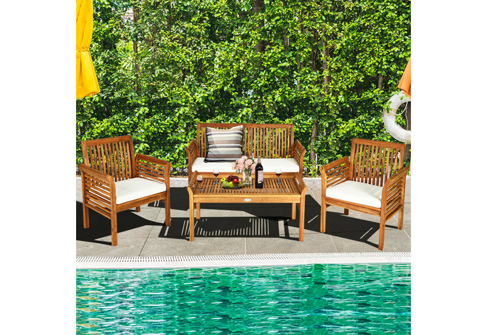 Set de muebles de sofá para exterior de 4 piezas de madera de acacia