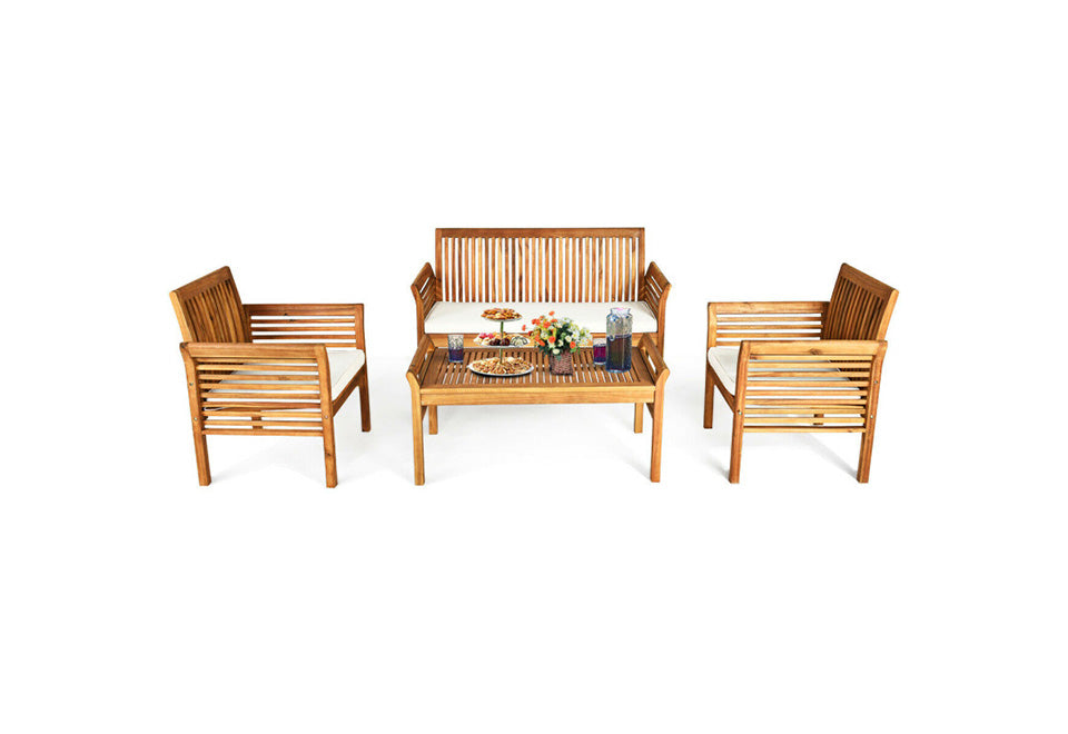 Set de muebles de sofá para exterior de 4 piezas de madera de acacia