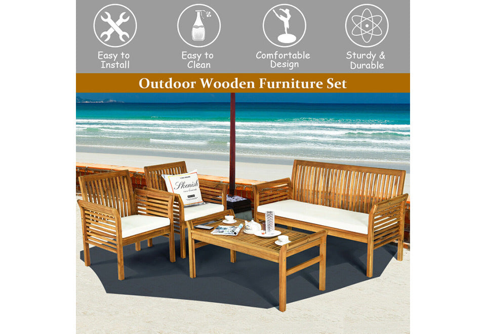 Set de muebles de sofá para exterior de 4 piezas de madera de acacia