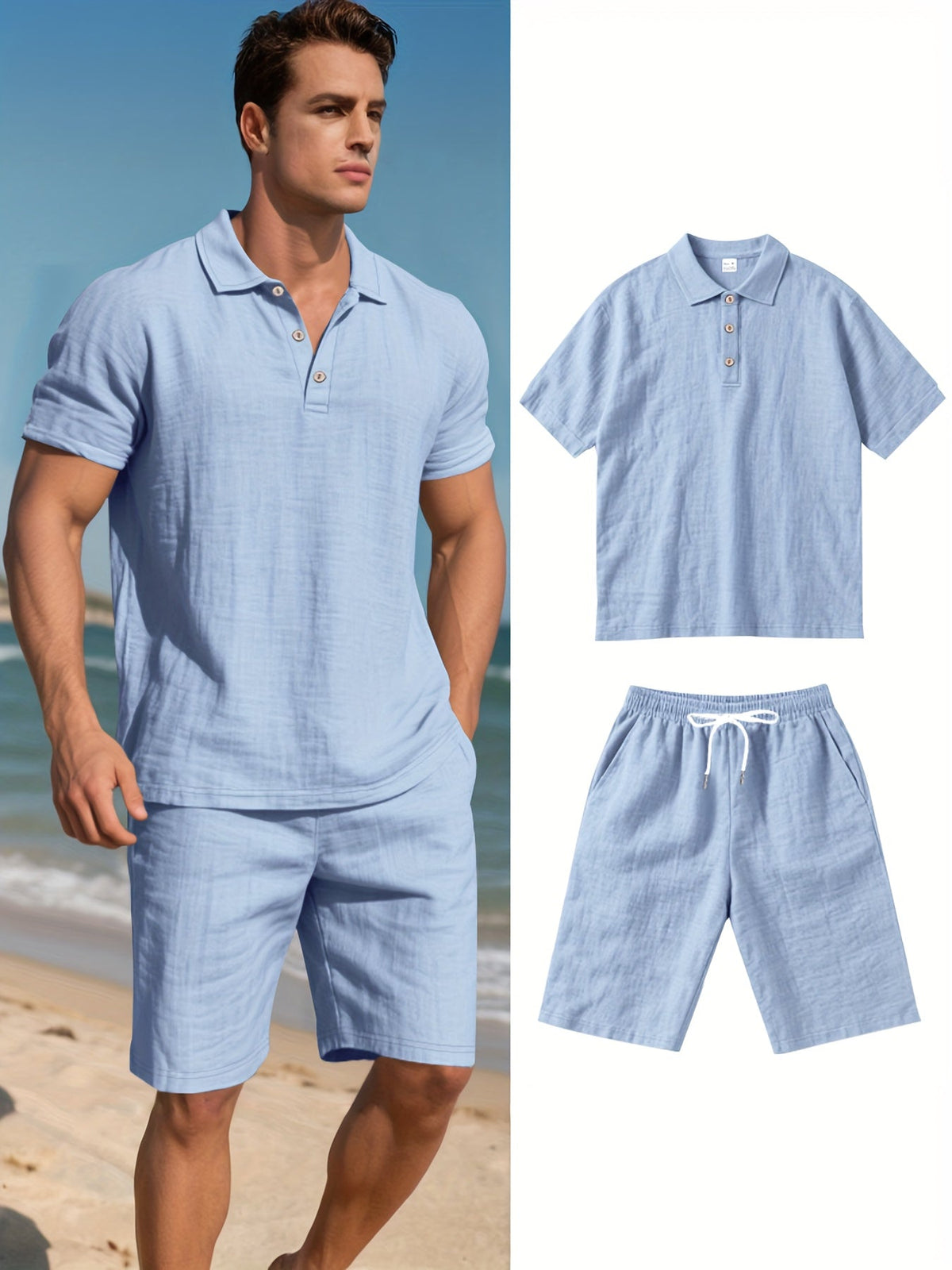 Herren-Set aus kurzärmligem Polohemd und Shorts aus Leinen, sommerliches Zweiteiler-Outfit, leicht und atmungsaktiv, Freizeitkleidung für warmes Wetter
