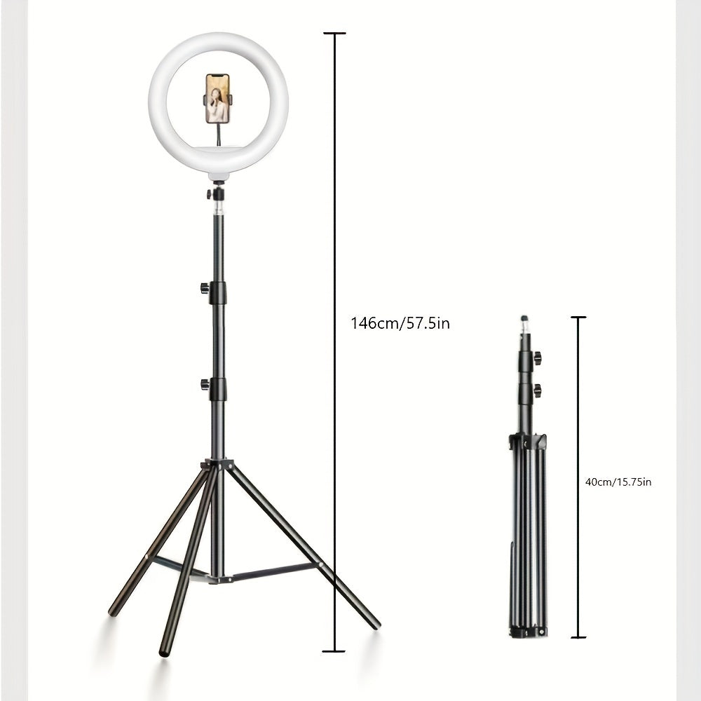 Ronde studiolamp met uitschuifbaar statief en apparaathouder voor video-opnames, fotografie en live streaming