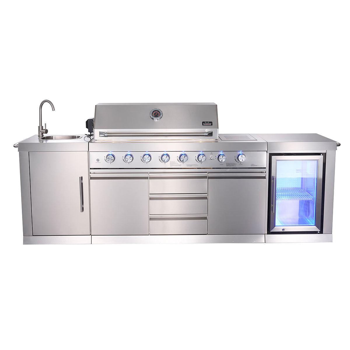6-Flammen-Propangas-Grillinsel mit Drehspieß und Außenkühlschrank