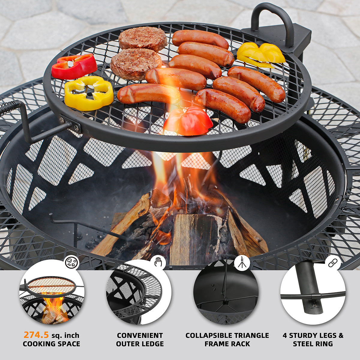Fogata de leña de 32'' con parrilla para cocinar