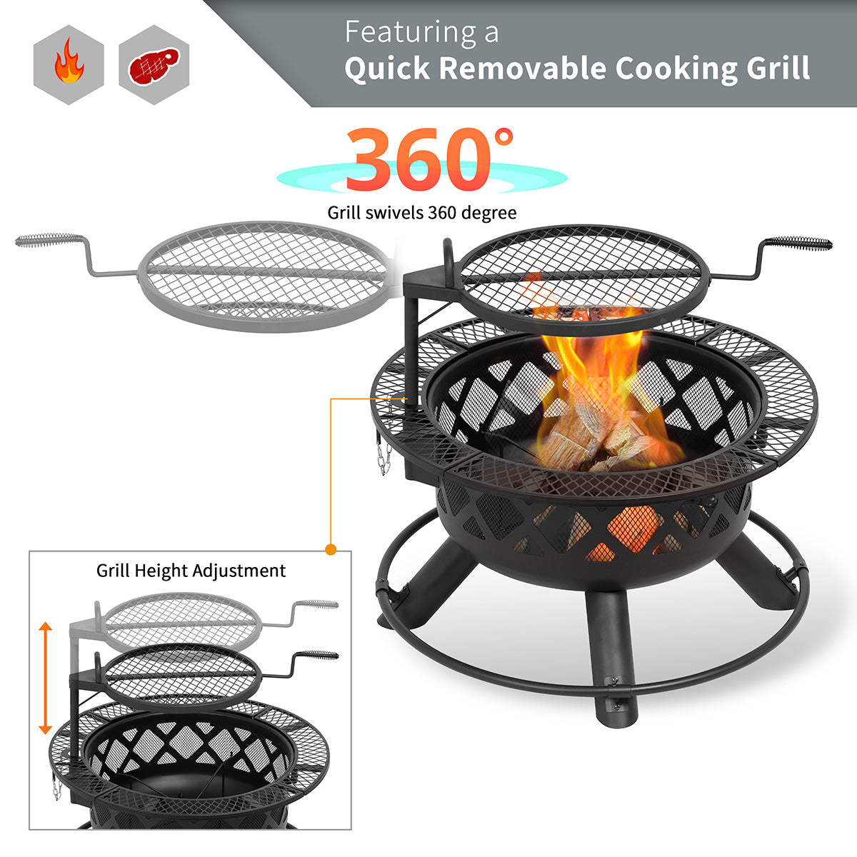 Fogata de leña de 32'' con parrilla para cocinar