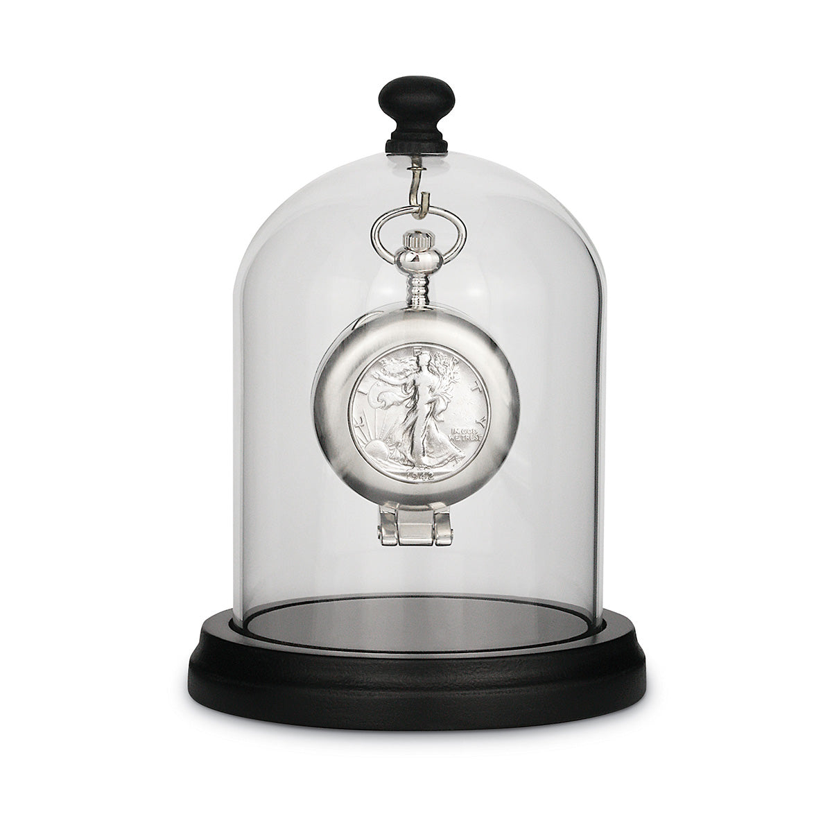 Zakhorloge met een zilveren Walking Liberty halve dollar onder een glazen koepel
