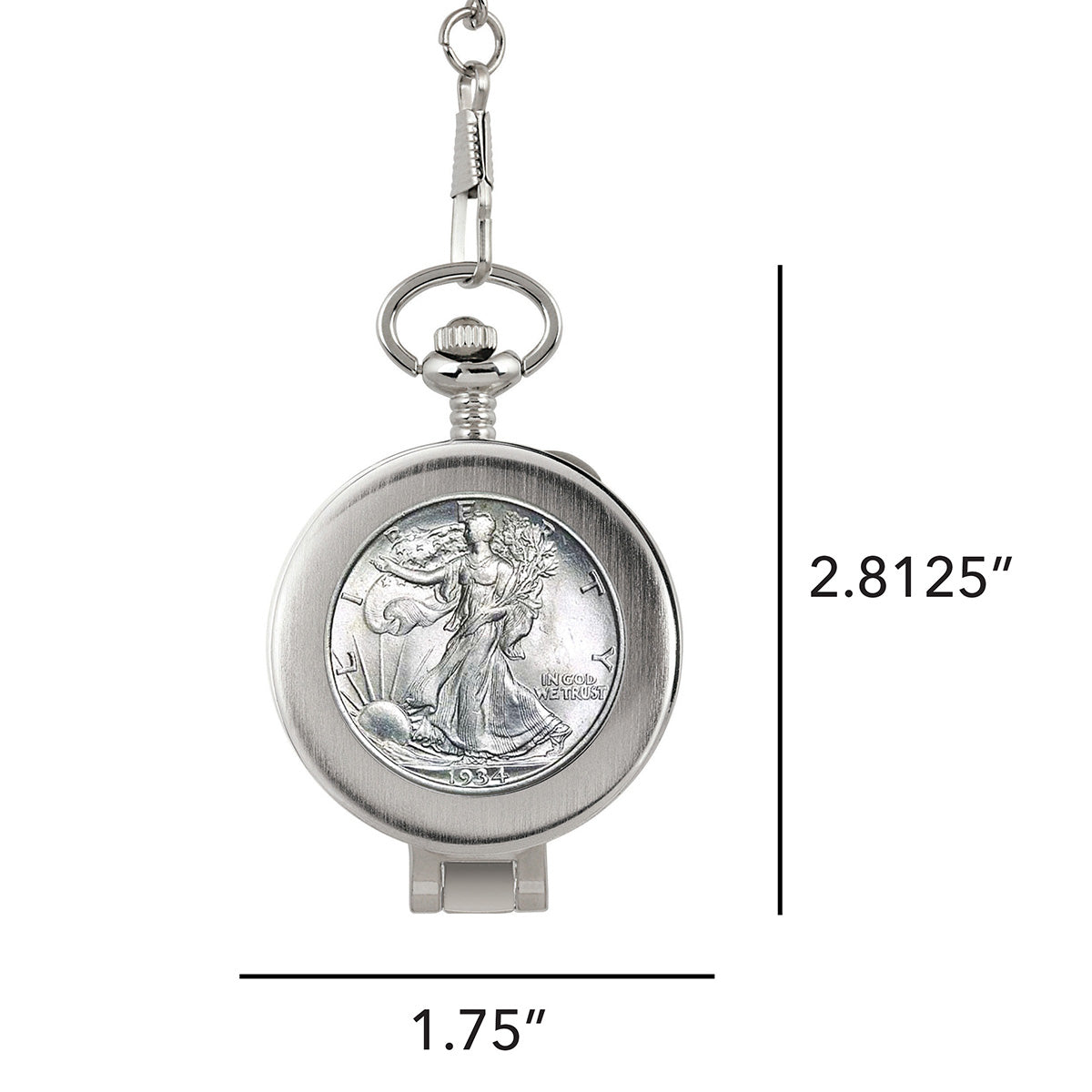Zakhorloge met een zilveren Walking Liberty halve dollar onder een glazen koepel