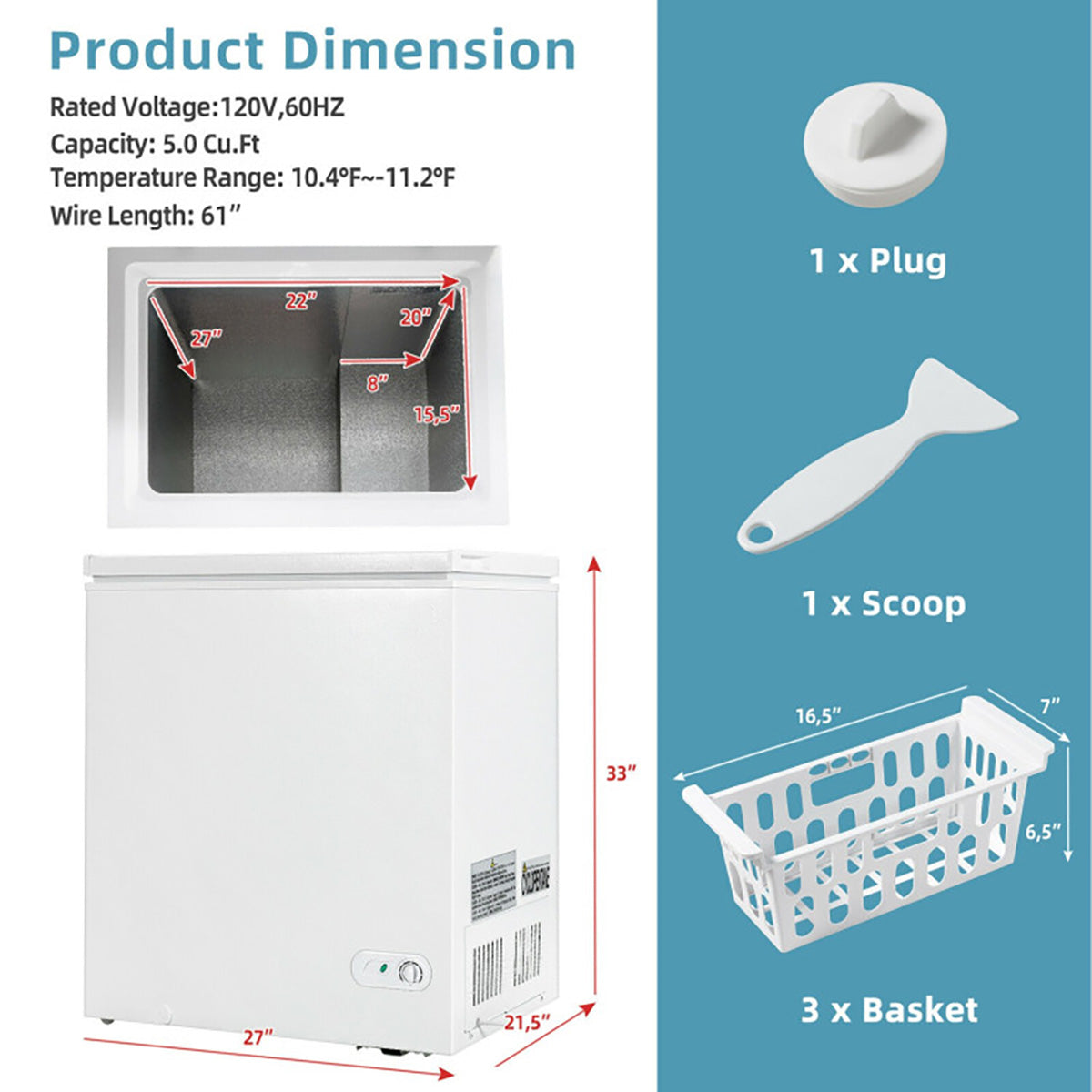 Congelador horizontal de 5 pies cúbicos con 3 cestas de almacenamiento extraíbles