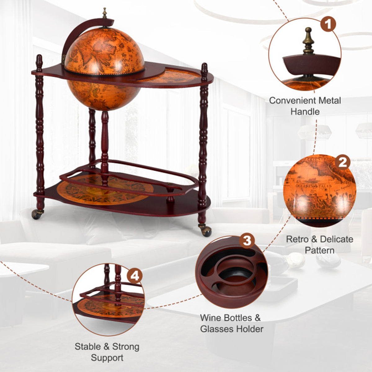 Vintage globe-barwagen met extra plank