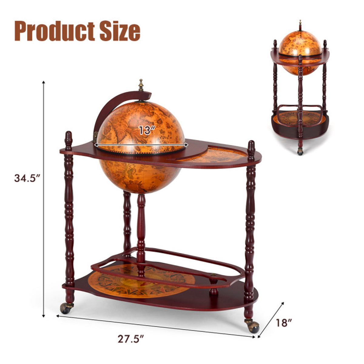 Vintage globe-barwagen met extra plank
