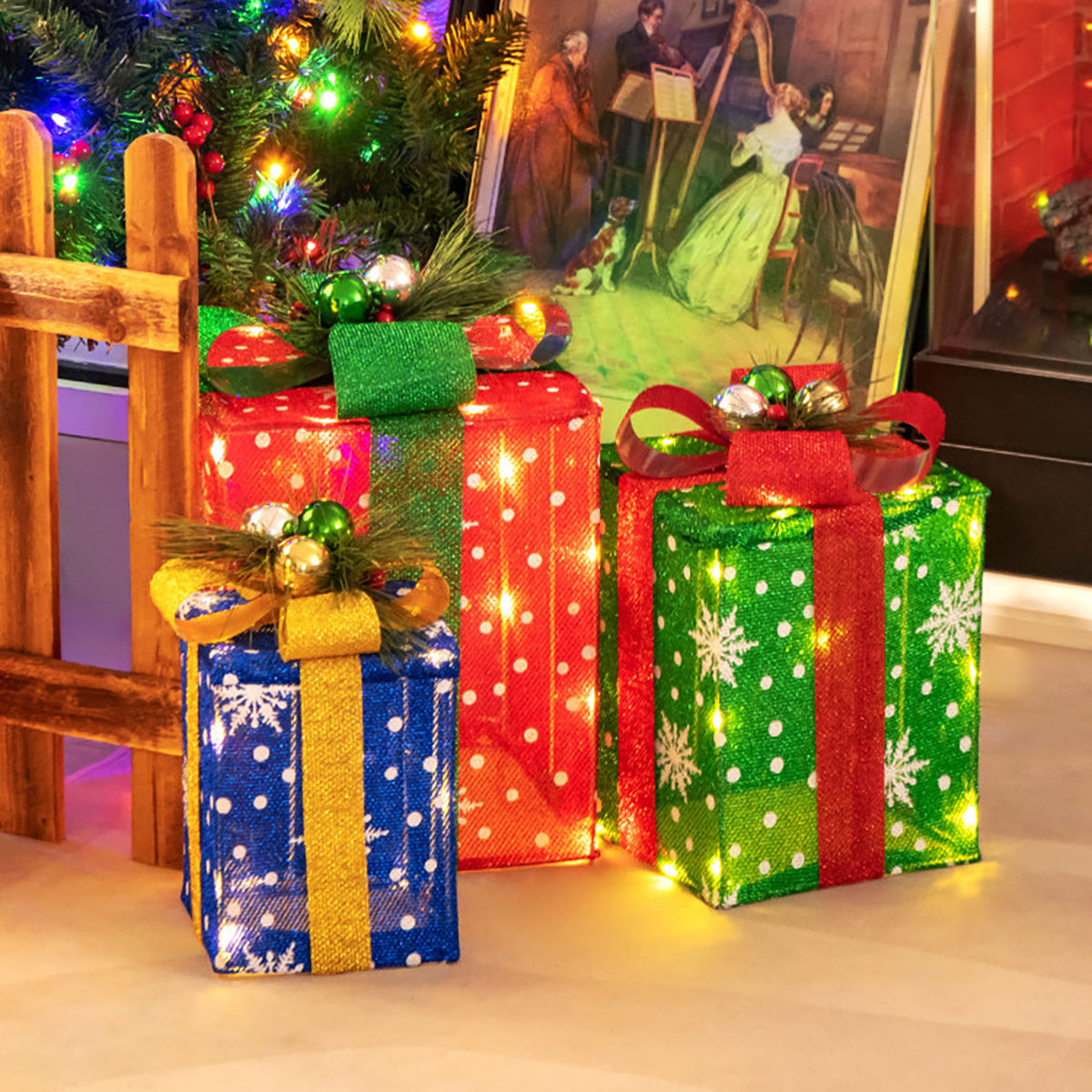 Beleuchtete, mehrfarbige Weihnachtsgeschenkbox-Dekoration (3er-Set)