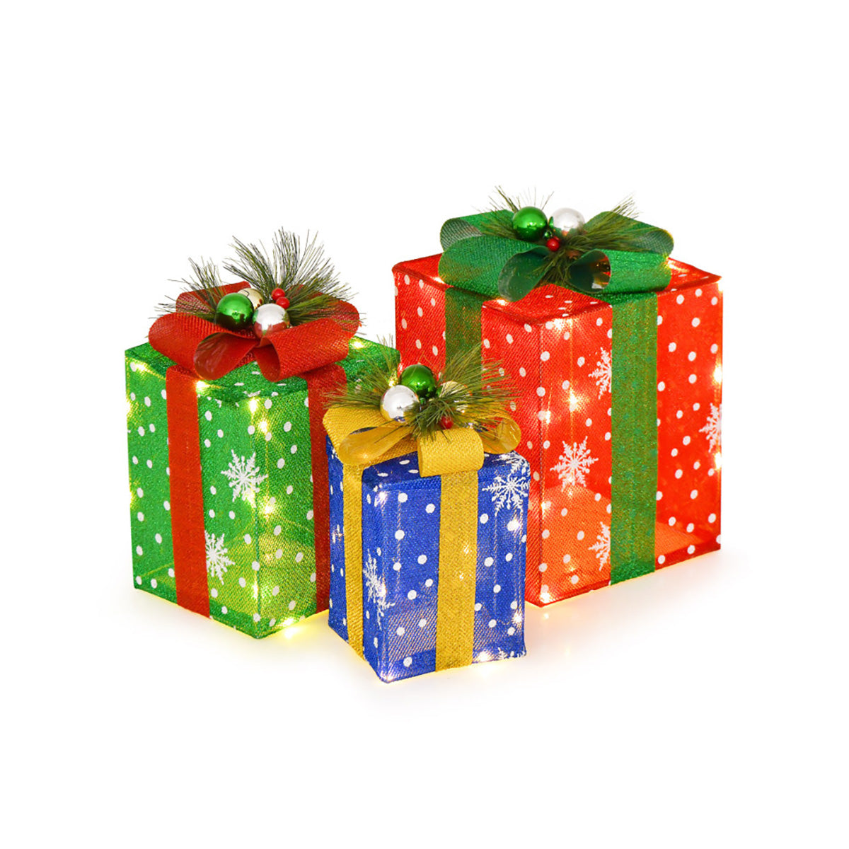Beleuchtete, mehrfarbige Weihnachtsgeschenkbox-Dekoration (3er-Set)