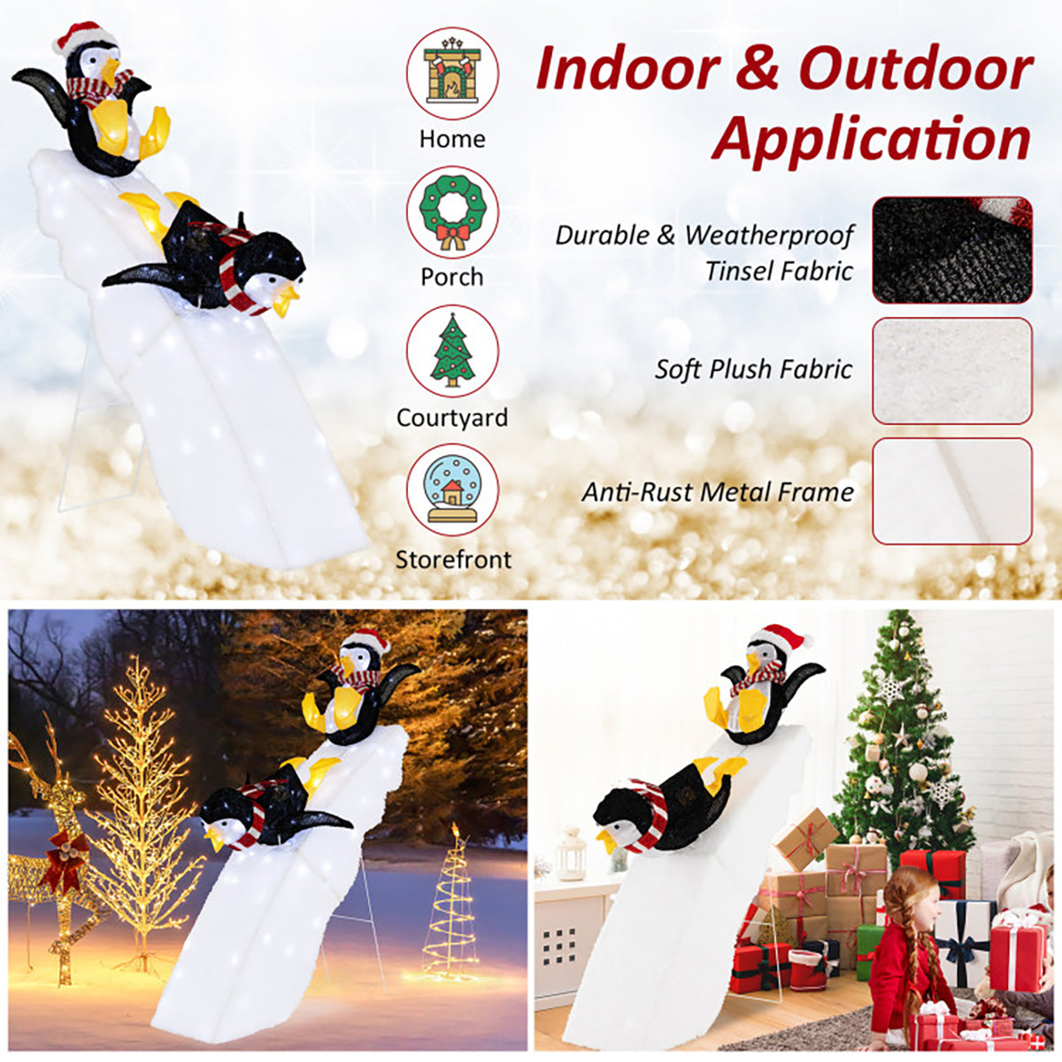 Decoración navideña de pingüino patinando sobre hielo de 4 pies preiluminada con tobogán nevado