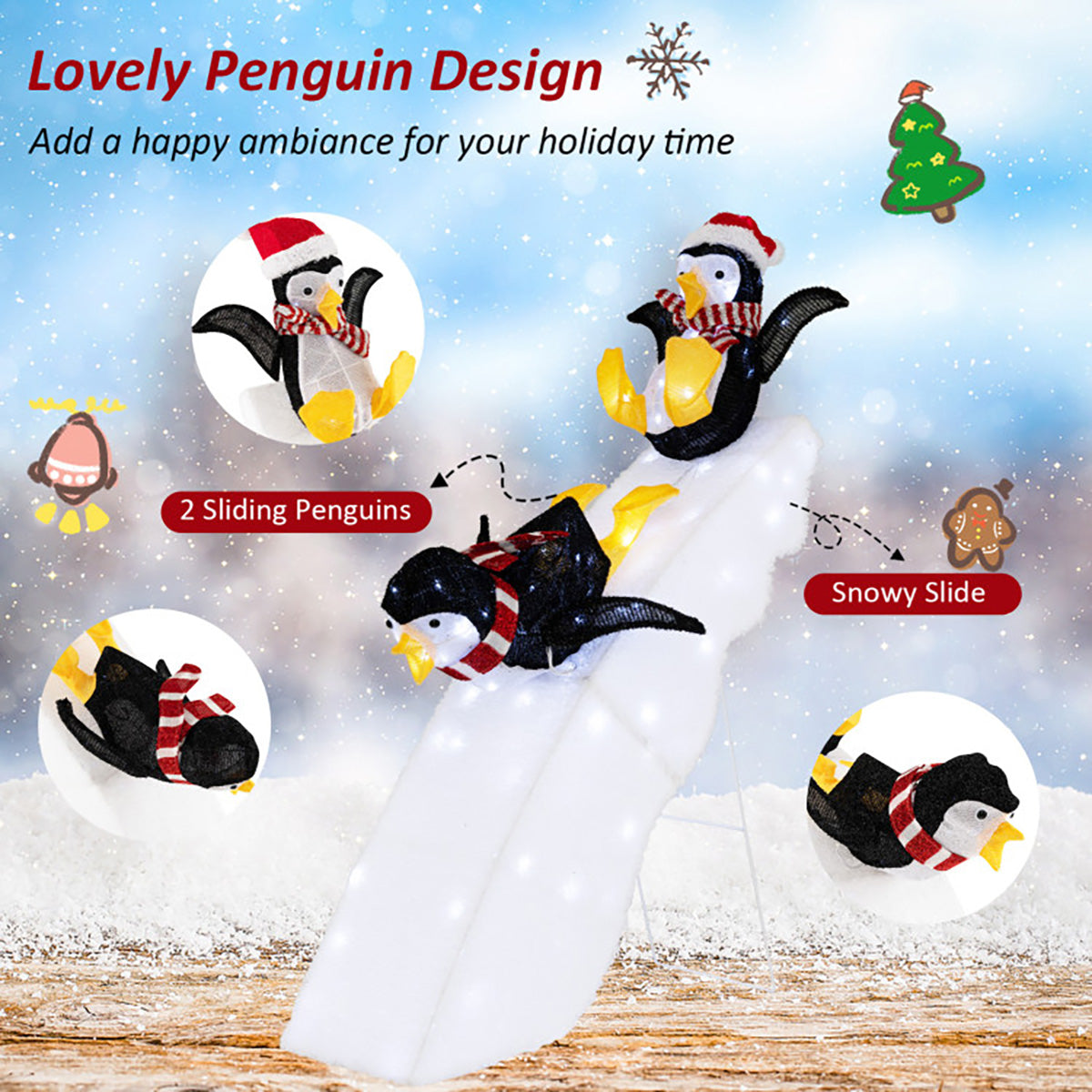 Decoración navideña de pingüino patinando sobre hielo de 4 pies preiluminada con tobogán nevado