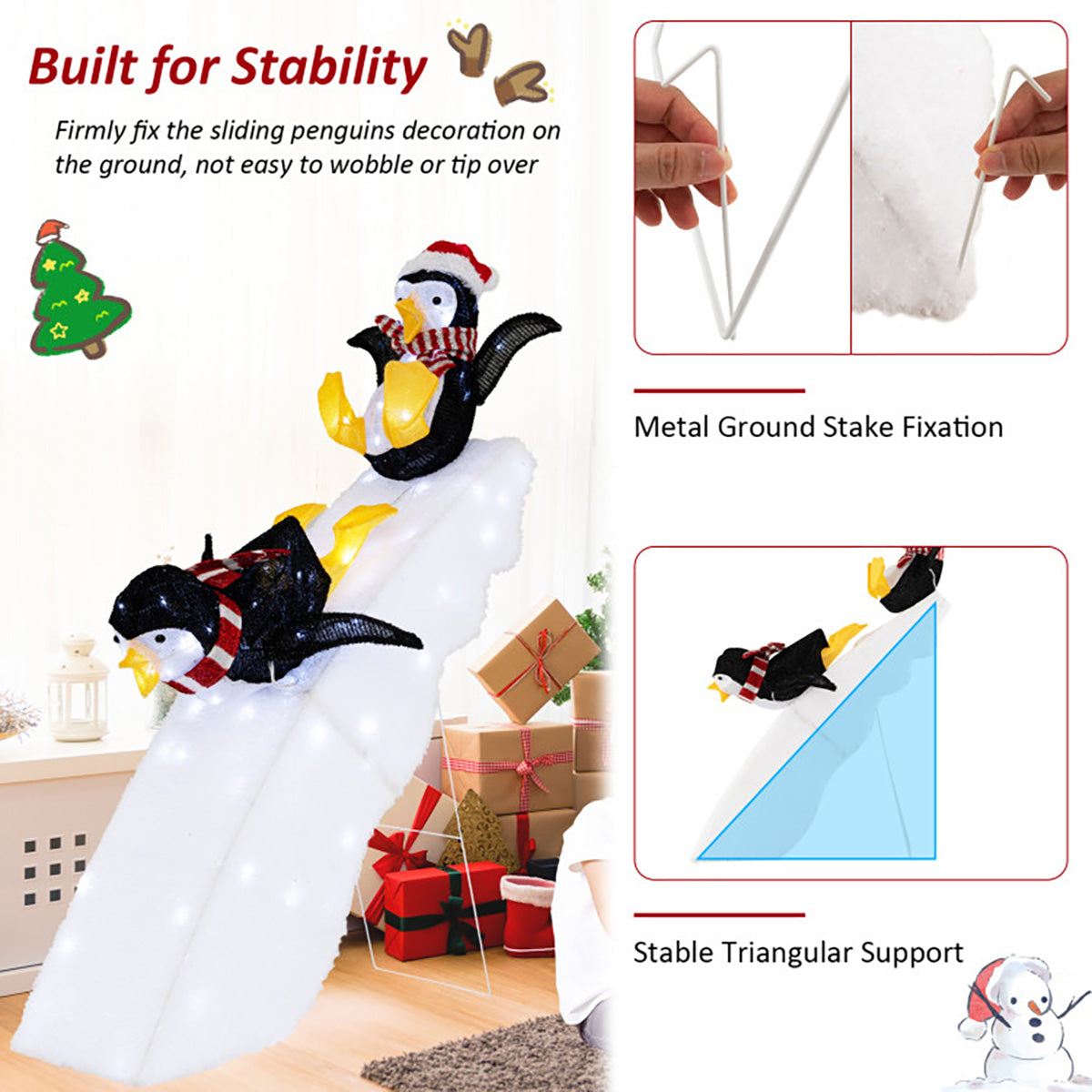 Decoración navideña de pingüino patinando sobre hielo de 4 pies preiluminada con tobogán nevado