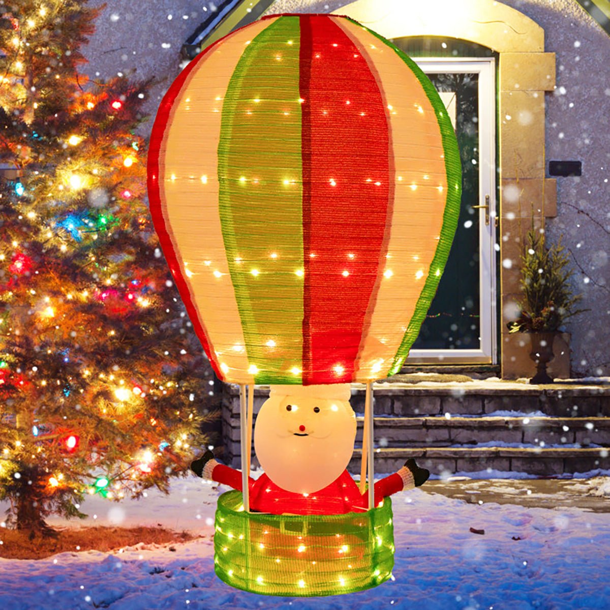 1,37 m große, vorbeleuchtete Weihnachtsdekoration: Weihnachtsmann im Heißluftballon
