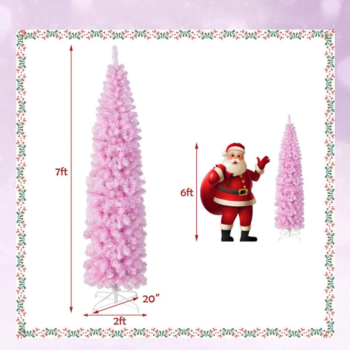 210 cm roze kunstkerstboom, slank model, met ingebouwde verlichting