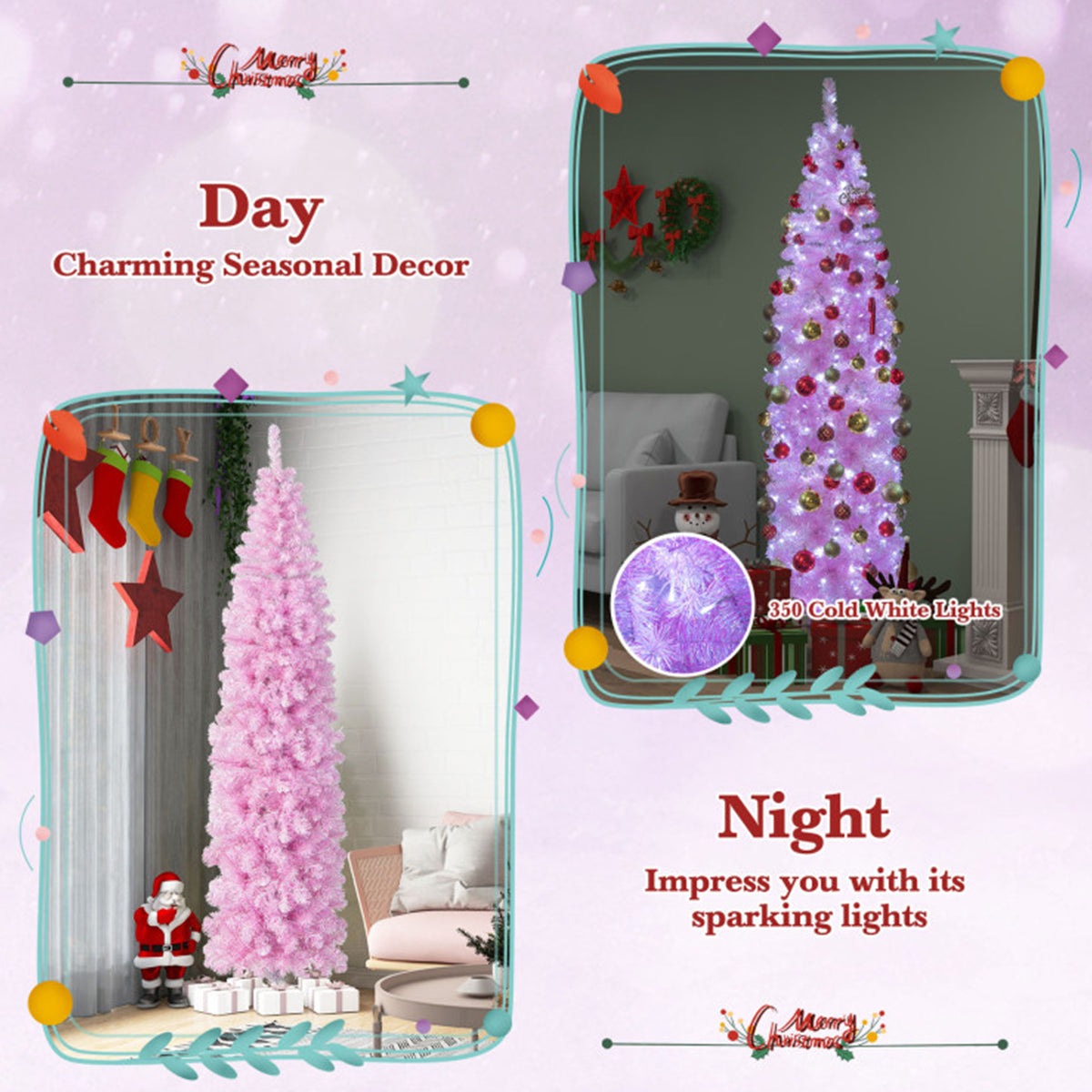 210 cm roze kunstkerstboom, slank model, met ingebouwde verlichting