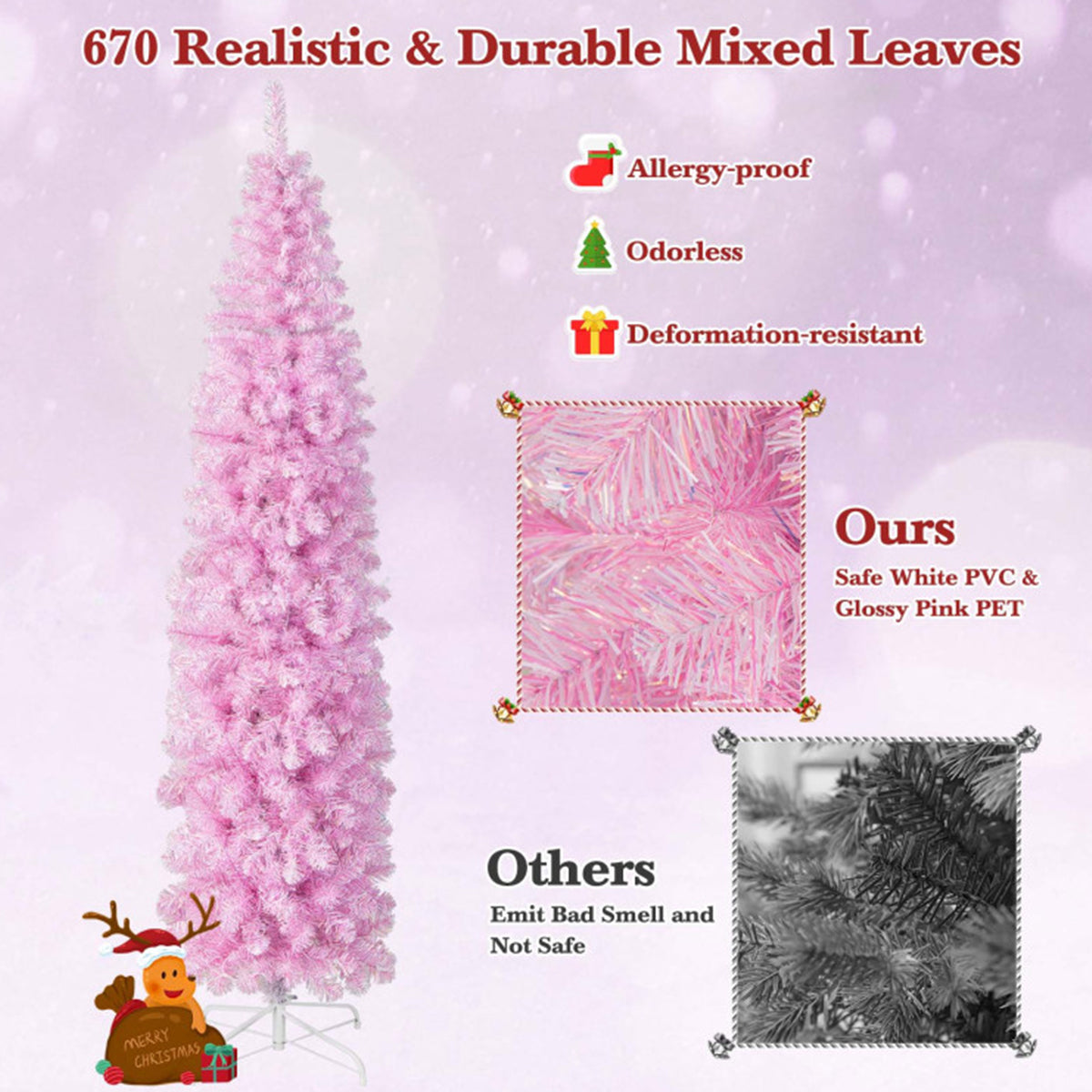 210 cm roze kunstkerstboom, slank model, met ingebouwde verlichting