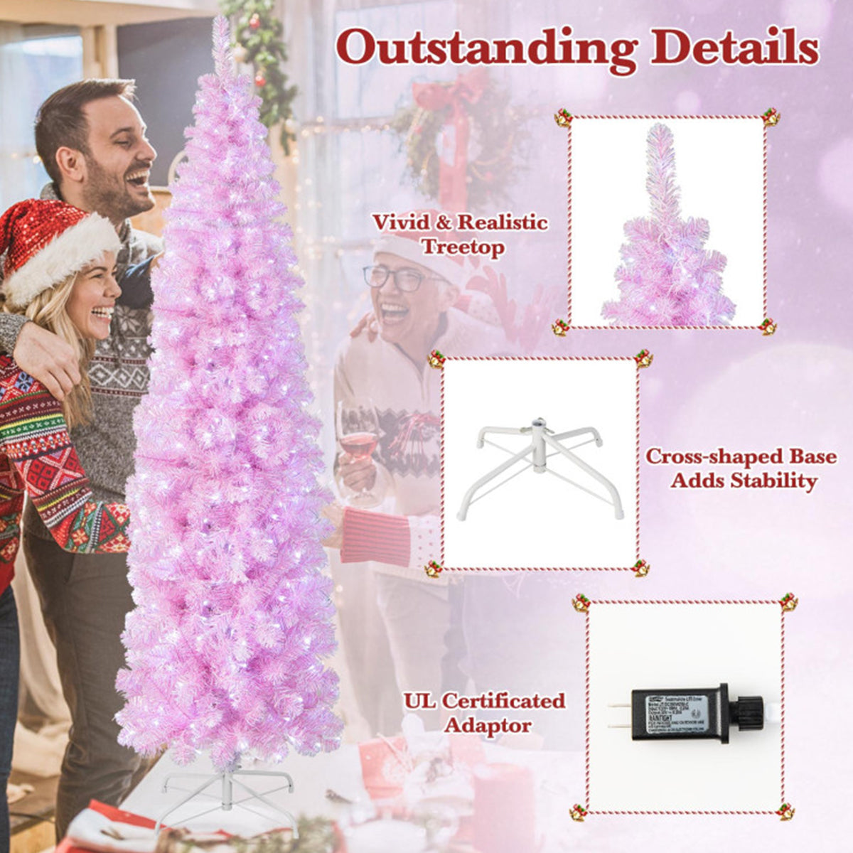 210 cm roze kunstkerstboom, slank model, met ingebouwde verlichting