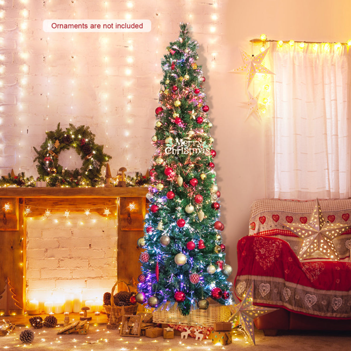 7' Pre-lit Artificial Pencil Christmas Tree with Fiber Optics